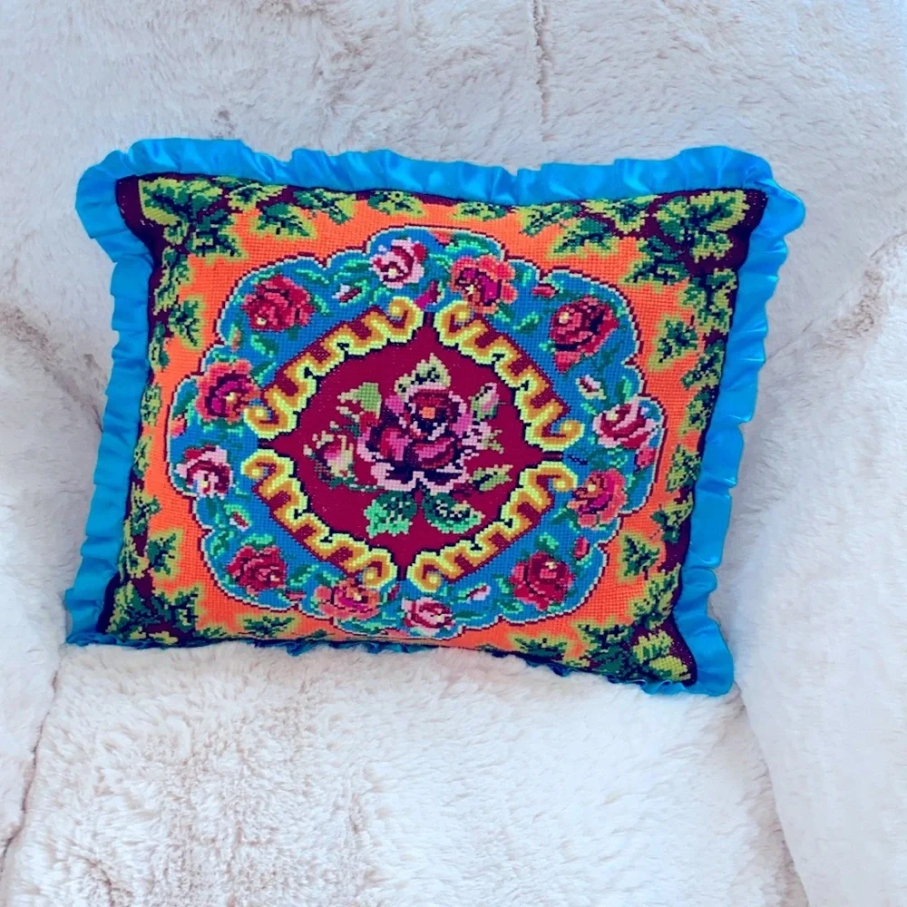 Handmade Ukrainian Pillow Floral Decorative Aqua Ruffled Vintage‎ 18